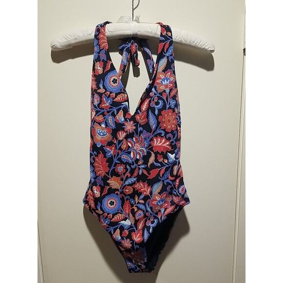 Loft Beach sz 2 Tie Neck Halter Lightly Padded Blue Red Floral 1 Piece‎ Swimsuit - Picture 2 of 12